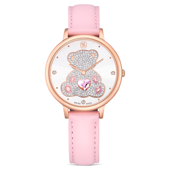 swarovski teddy watch  swiss made  leather strap  pink  rose gold tone finish
