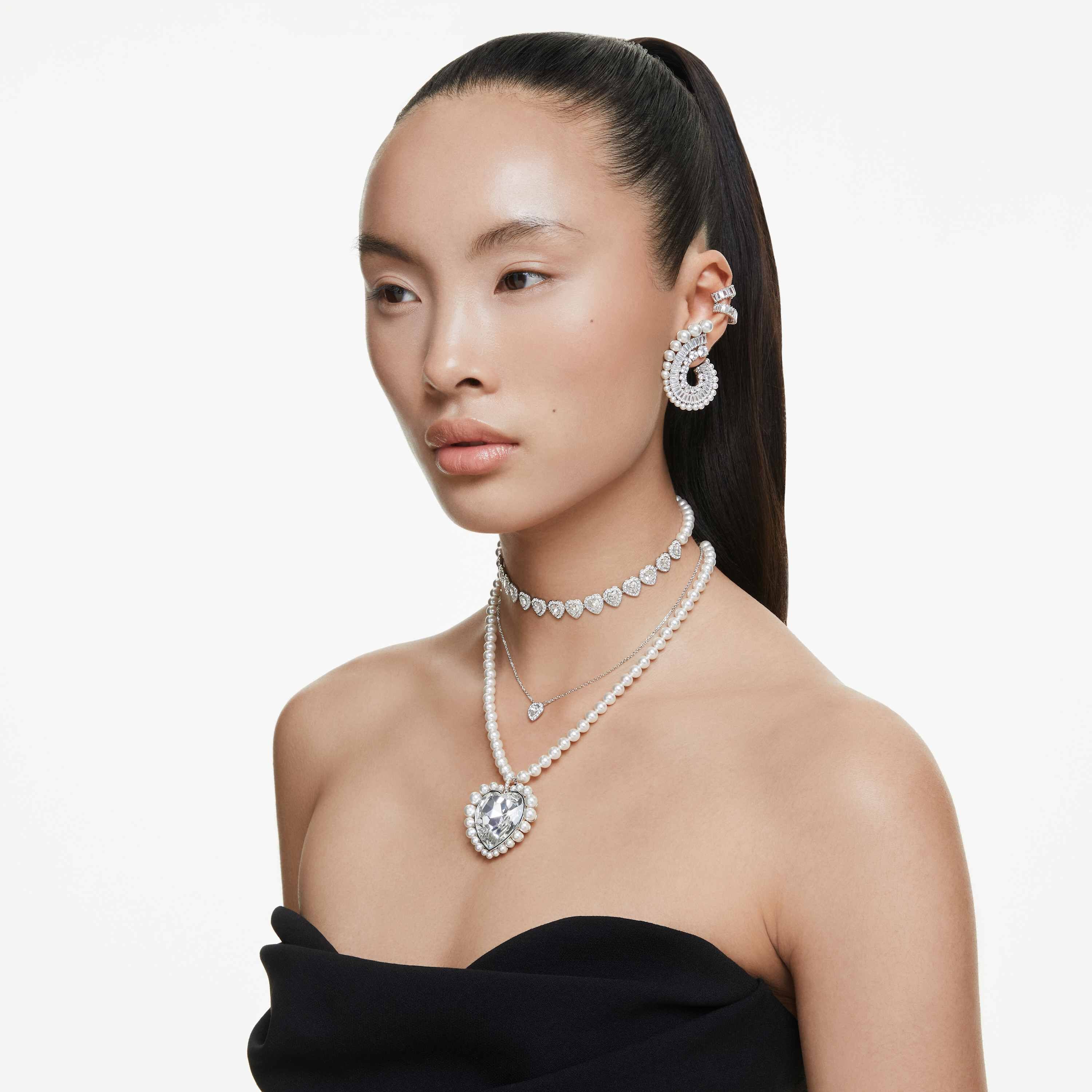 ariana grande x swarovski hoop earrings  crystal pearl  baguette cut  white  rhodium plated