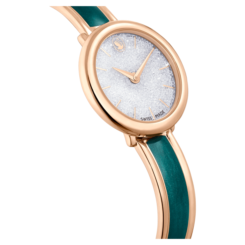 swarovski crystalline bangle watch  swiss made  metal bracelet  green  rose gold tone finish