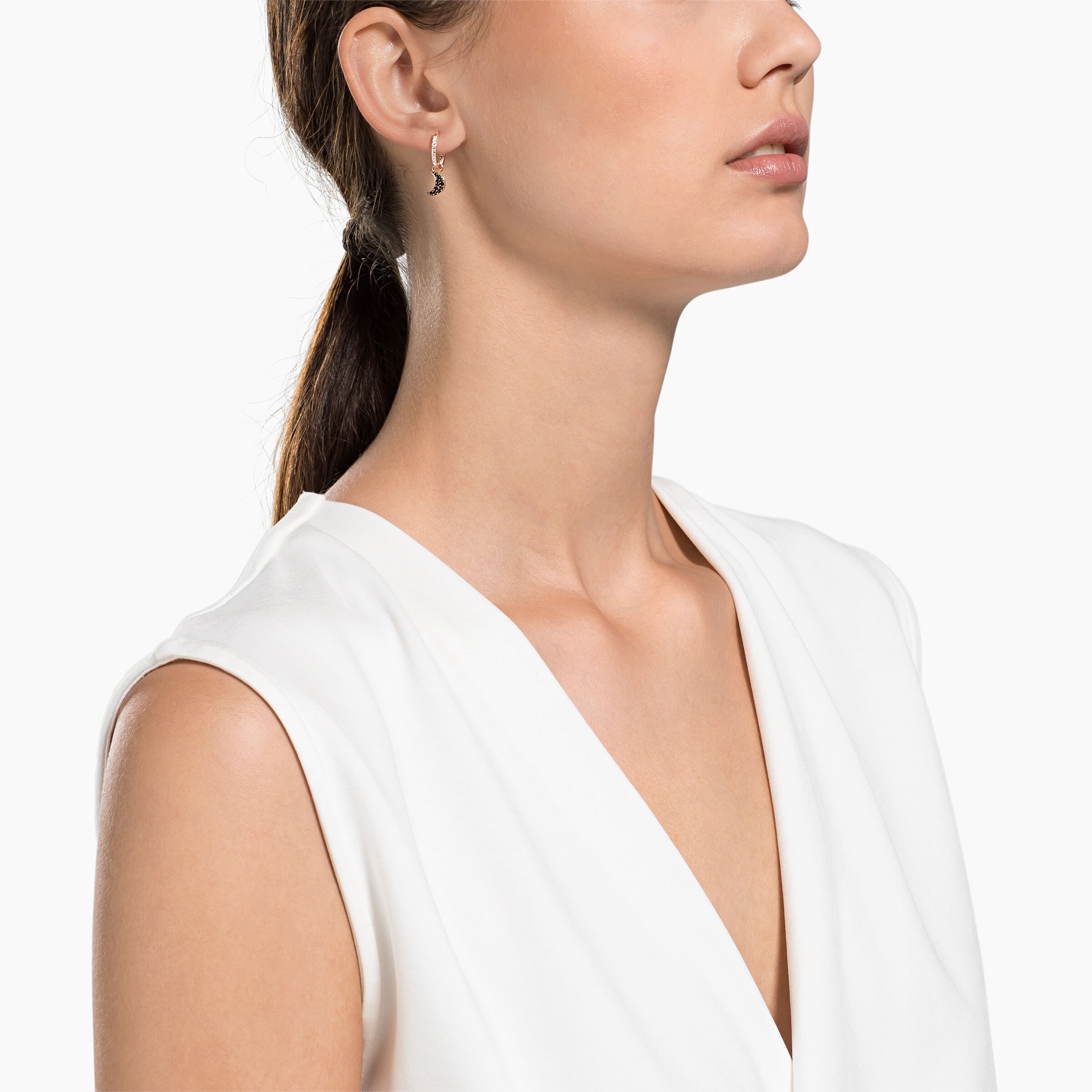 swarovski symbolic drop earrings  moon and star  black  rose gold tone plated