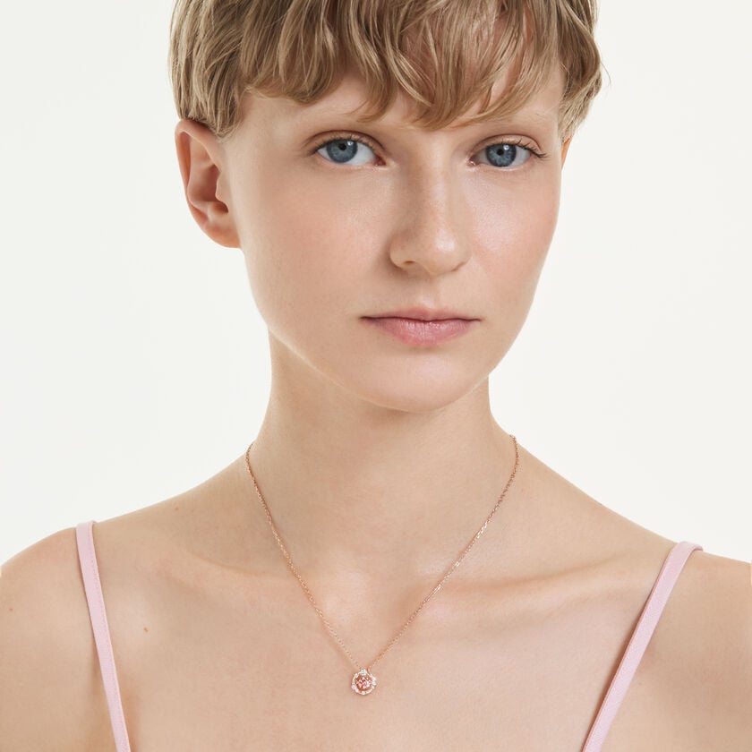 swarovski constella pendant  round cut  dancing stone  pink  rose gold tone plated