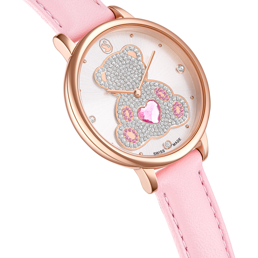 swarovski teddy watch  swiss made  leather strap  pink  rose gold tone finish