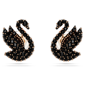 swarovski swan stud earrings  crystal pearl  swan  black  rose gold tone plated