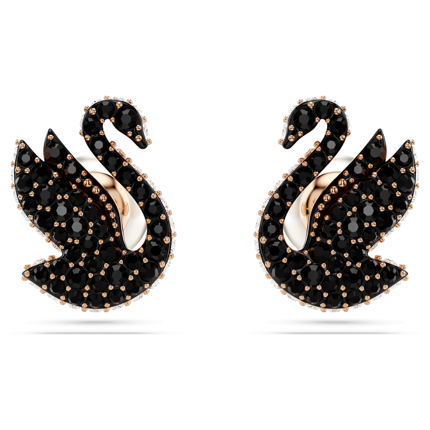 swarovski swan stud earrings  crystal pearl  swan  black  rose gold tone plated
