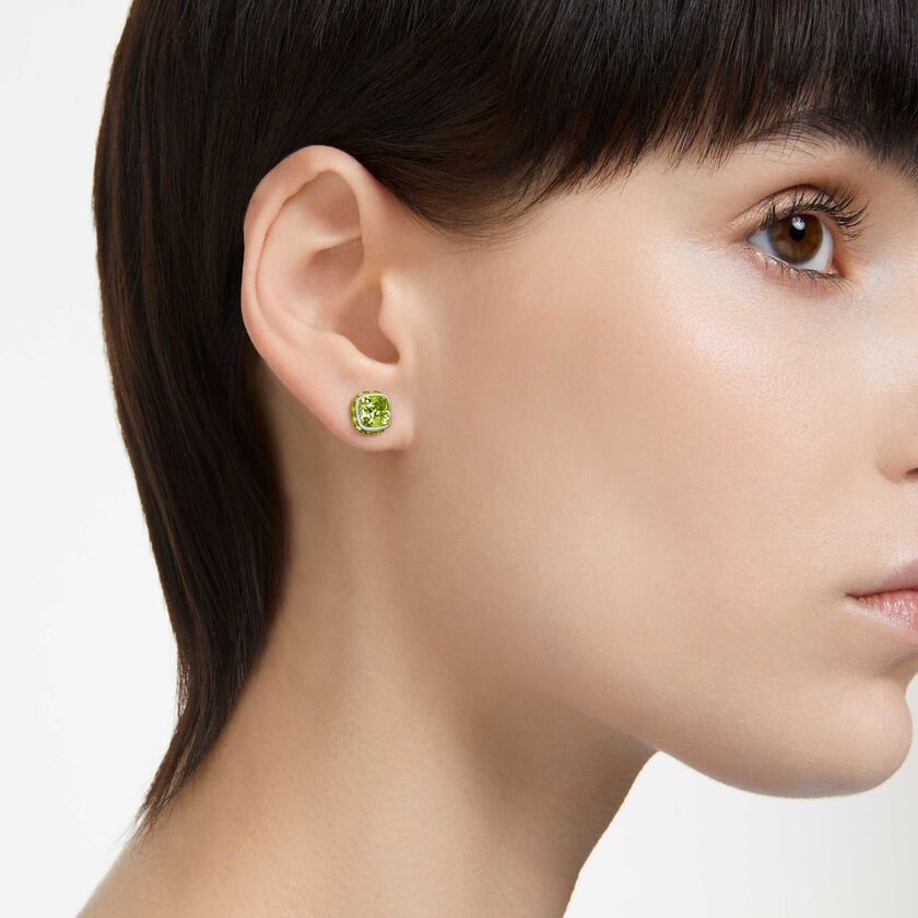 swarovski birthstone stud earrings  square cut  august  green  rhodium plated