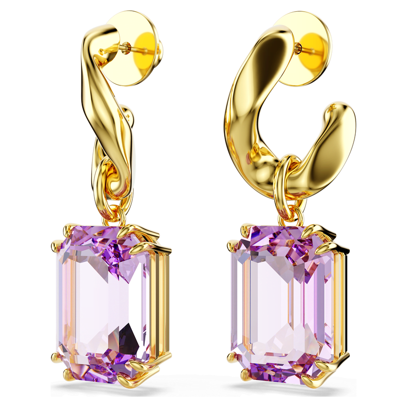 swarovski millenia drop earrings  octagon cut  purple  gold tone plated