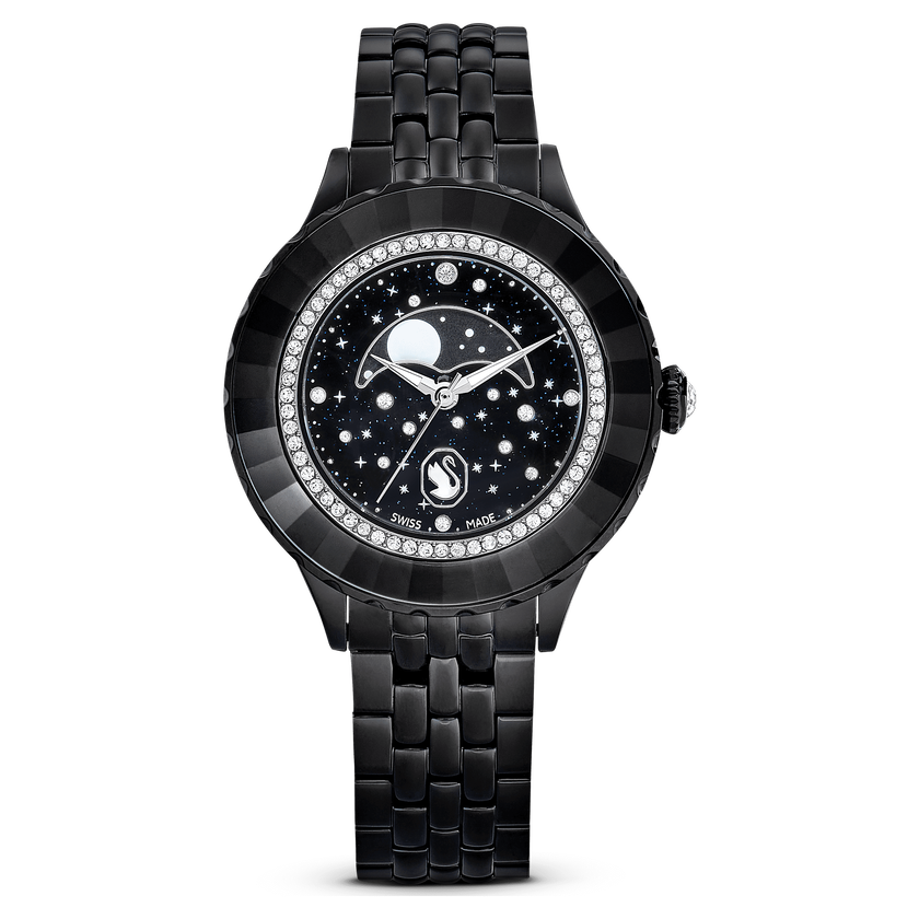 swarovski octea moon watch  swiss made  moon  metal bracelet  black  black finish