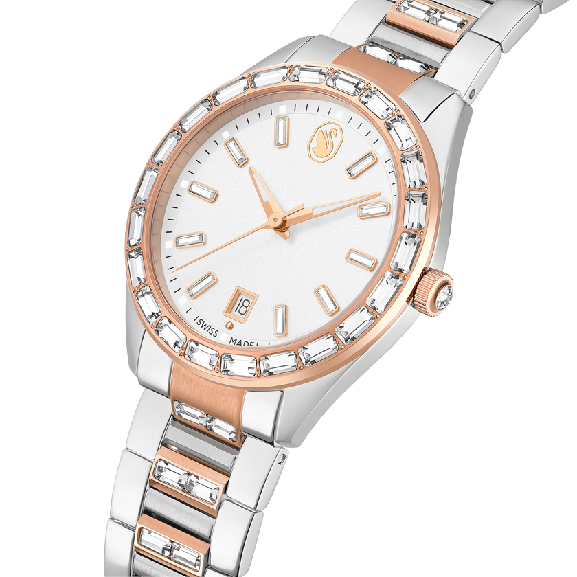 swarovski matrix date watch  swiss made  metal bracelet  rose gold tone  mixed metal finish
