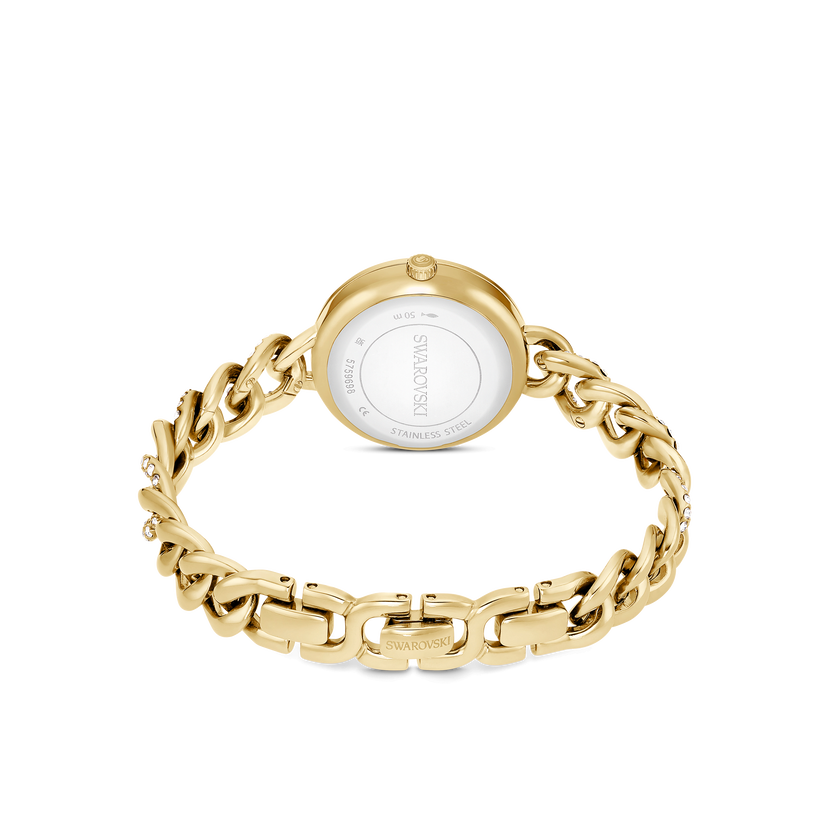 swarovski cocktail round watch  round cut  metal bracelet  gold tone  gold tone finish