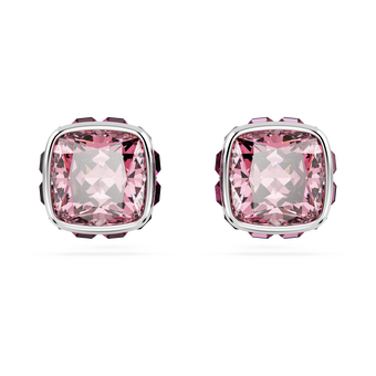 swarovski birthstone stud earrings  square cut  october  pink  rhodium plated