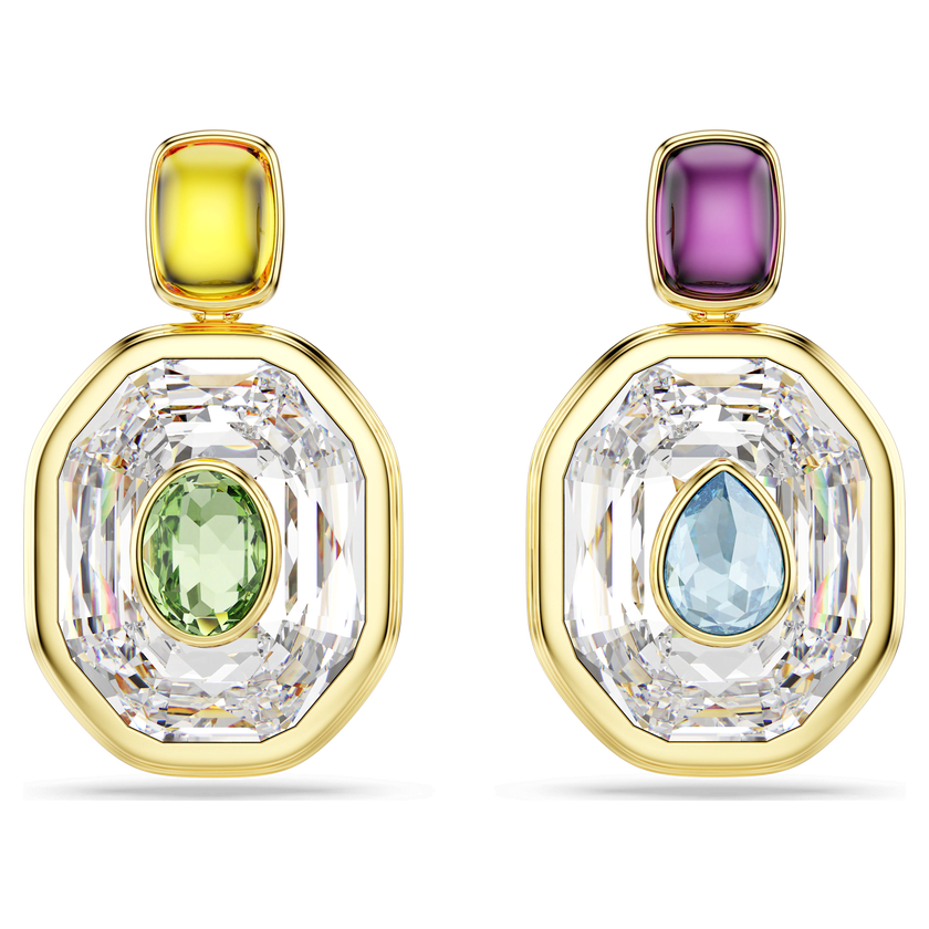 swarovski chroma drop earrings  asymmetrical design  octagon cut  multicolored  gold tone plated