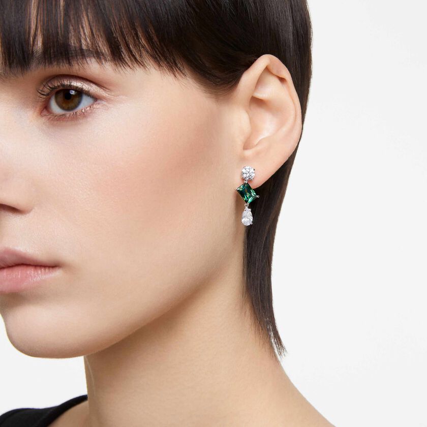 swarovski mesmera drop earrings  mixed cuts  green  rhodium plated