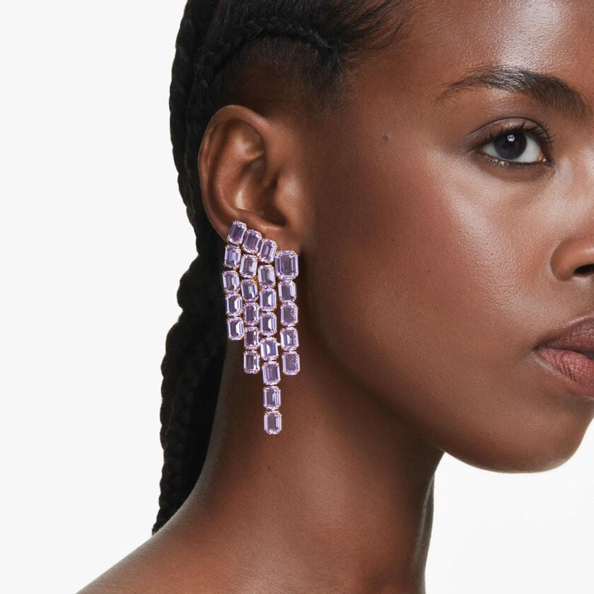 swarovski millenia clip earrings  octagon cut  chandelier  purple  gold tone plated
