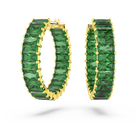 Matrix hoop earrings, Baguette cut, Green, Gold-tone plated