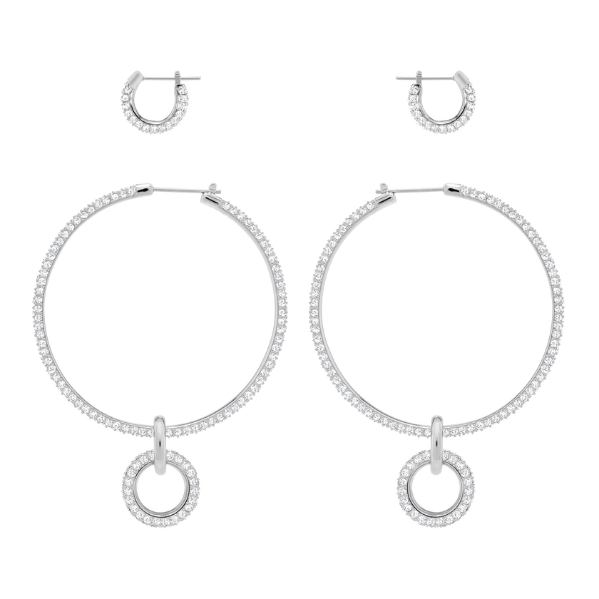 Stone Pierced Earring Set, White, Rhodium Plating