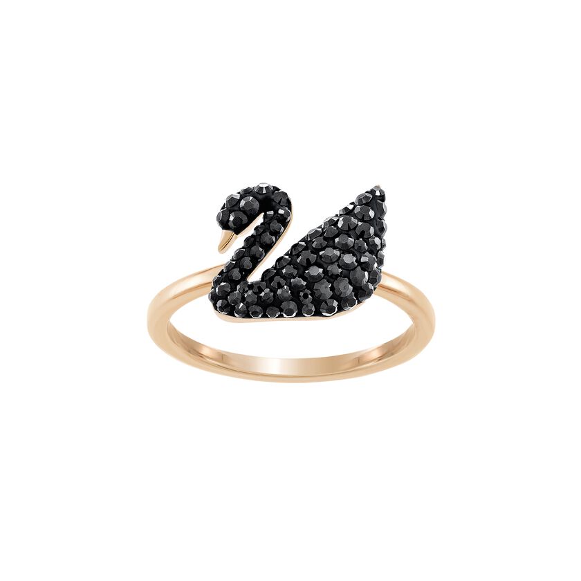 Iconic Swan Ring, Black , Rose Gold Plated