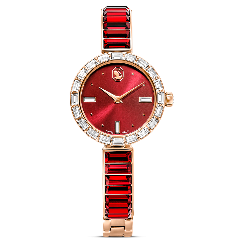 swarovski matrix bangle watch  swiss made  crystal bracelet  red  rose gold tone finish