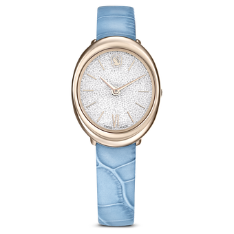 swarovski imber watch swiss made leather strap blue champagne gold tone finish