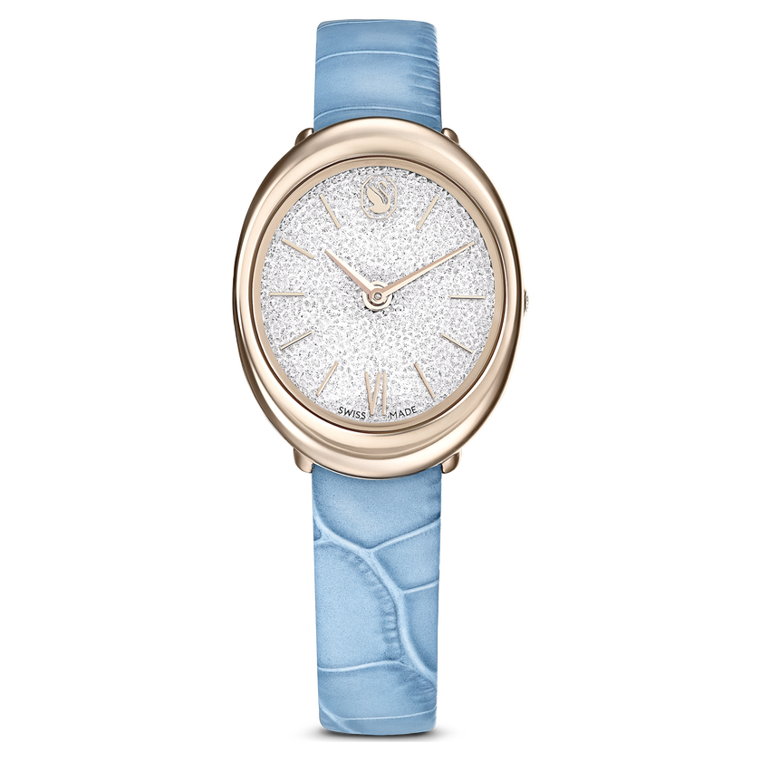 swarovski imber oval watch  swiss made  leather strap  blue  champagne gold tone finish