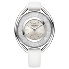Crystalline Oval Watch, Leather strap, White, Silver Tone