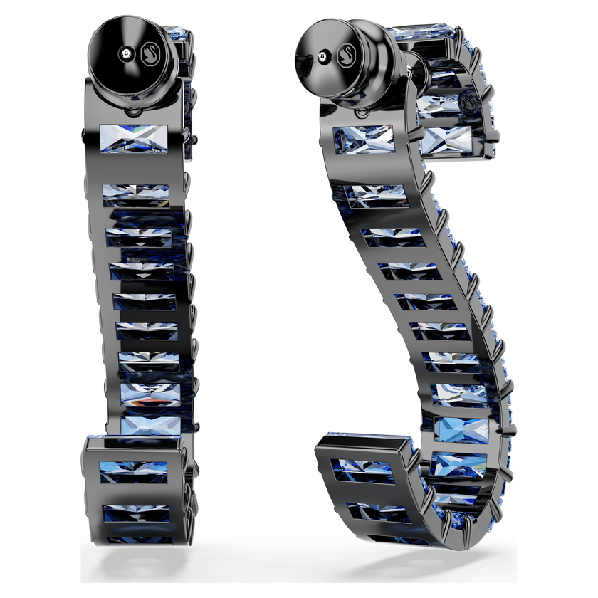 swarovski matrix drop earrings  baguette cut  blue  ruthenium plated