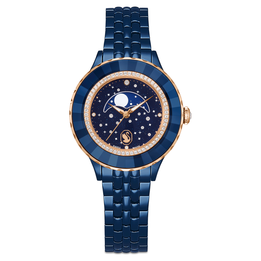 swarovski octea moon watch  swiss made  metal bracelet  blue  blue finish