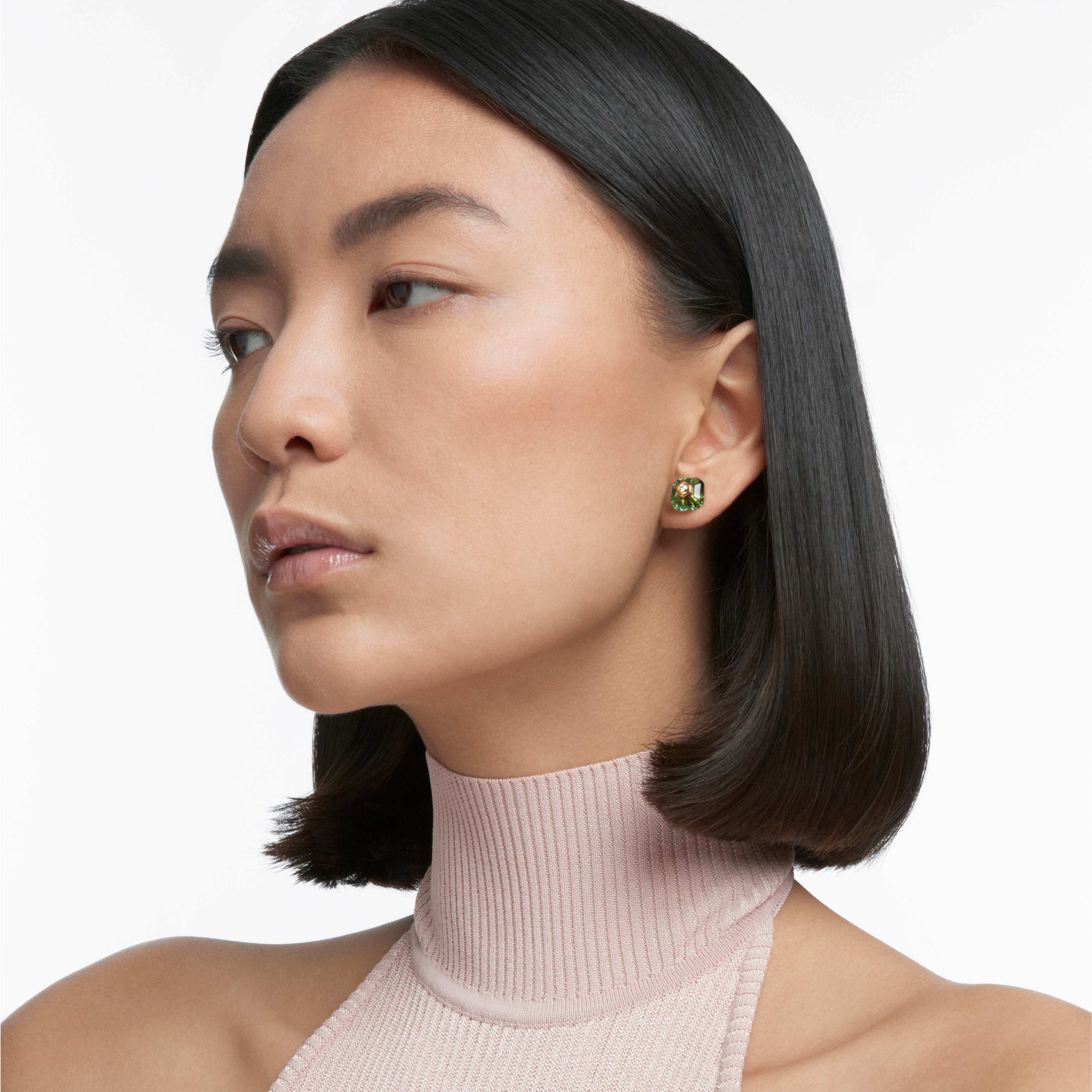 swarovski numina stud earrings  asymmetrical  green  gold tone plated