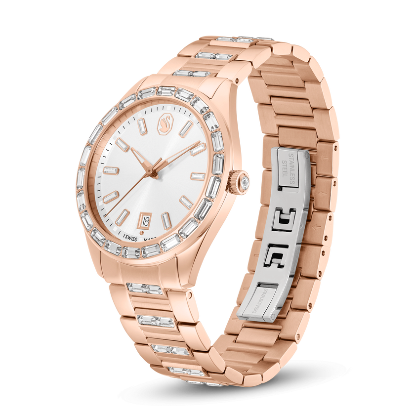 swarovski matrix date watch  swiss made  metal bracelet  rose gold tone  rose gold tone finish