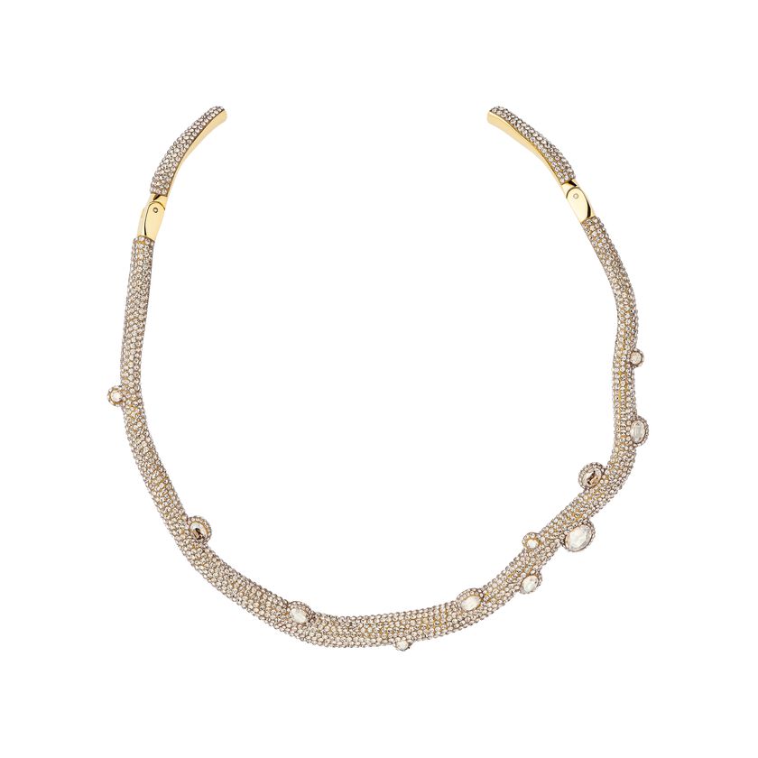 Tigris torque necklace, Water droplets, White, Gold-tone plated