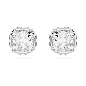 swarovski birthstone stud earrings  square cut  april  white  rhodium plated