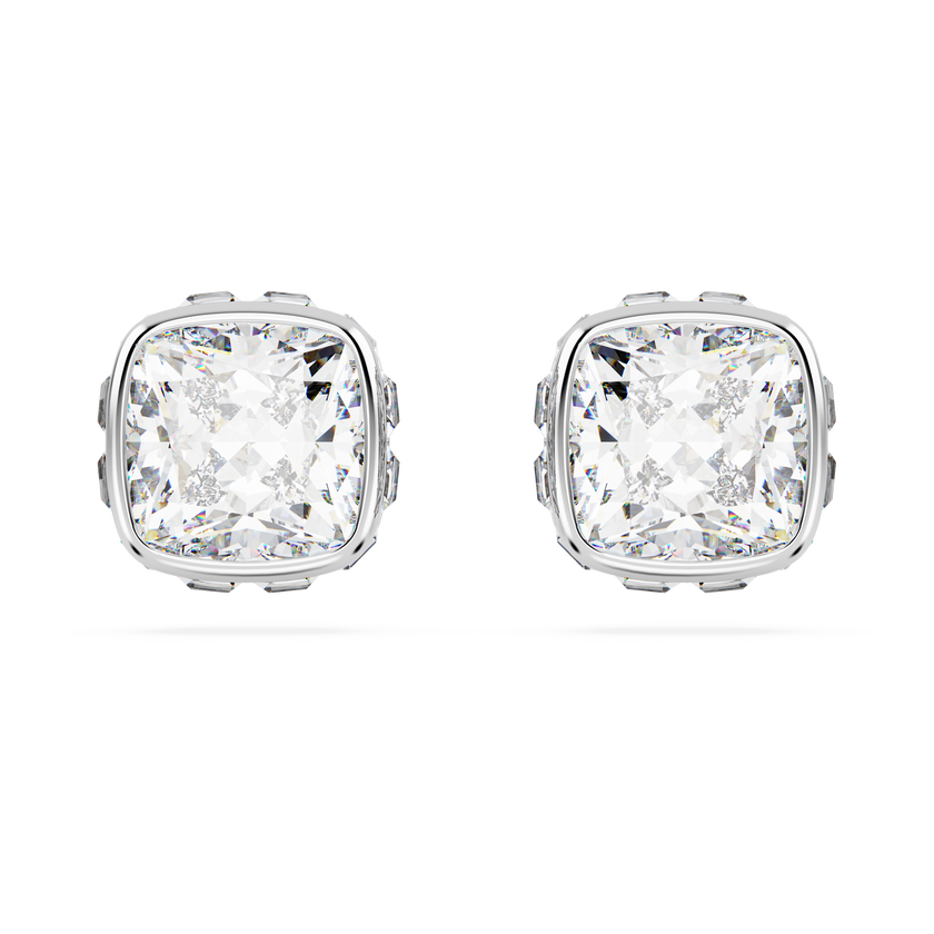 swarovski birthstone stud earrings  square cut  april  white  rhodium plated