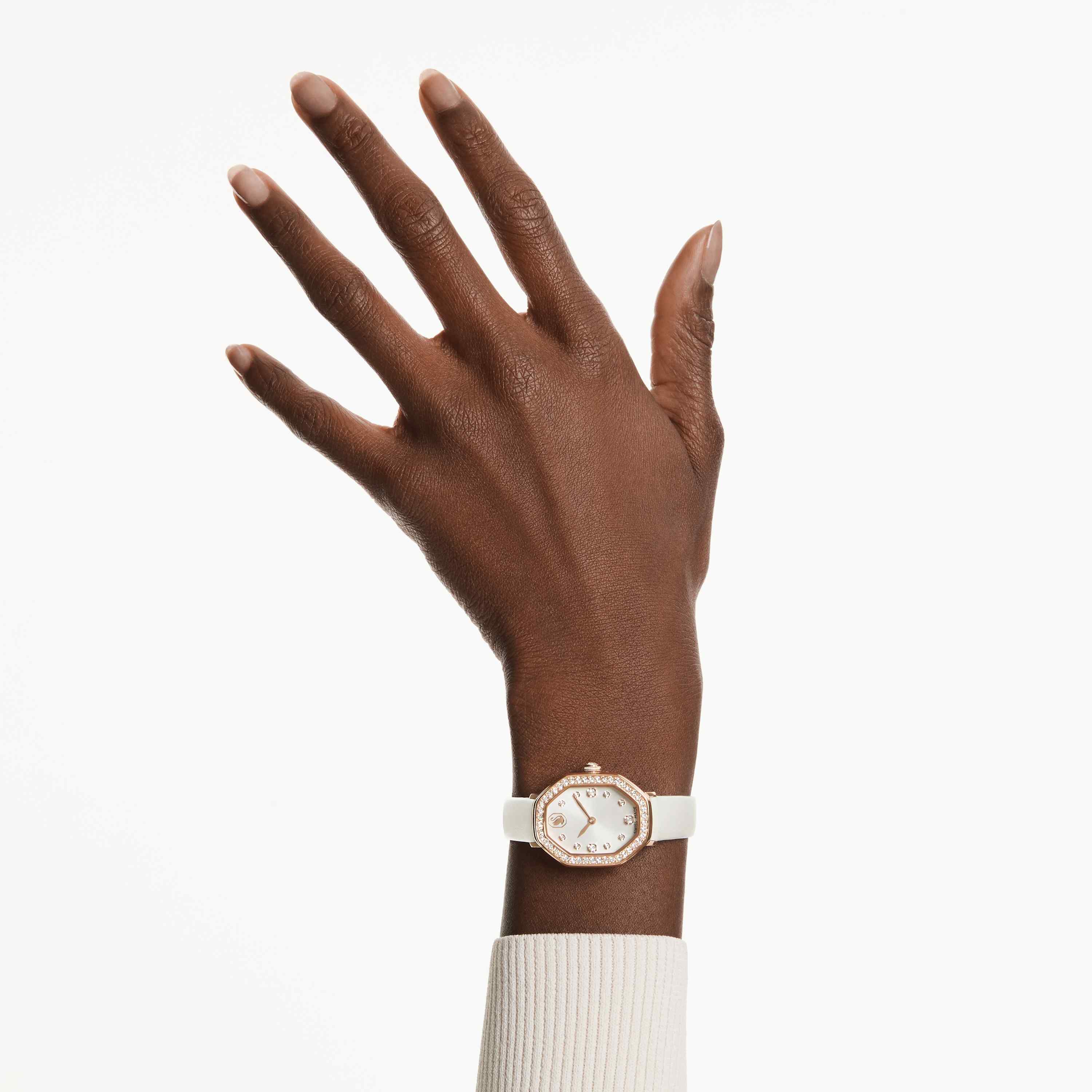 swarovski dextera octagon watch  swiss made  leather strap  white  rose gold tone finish