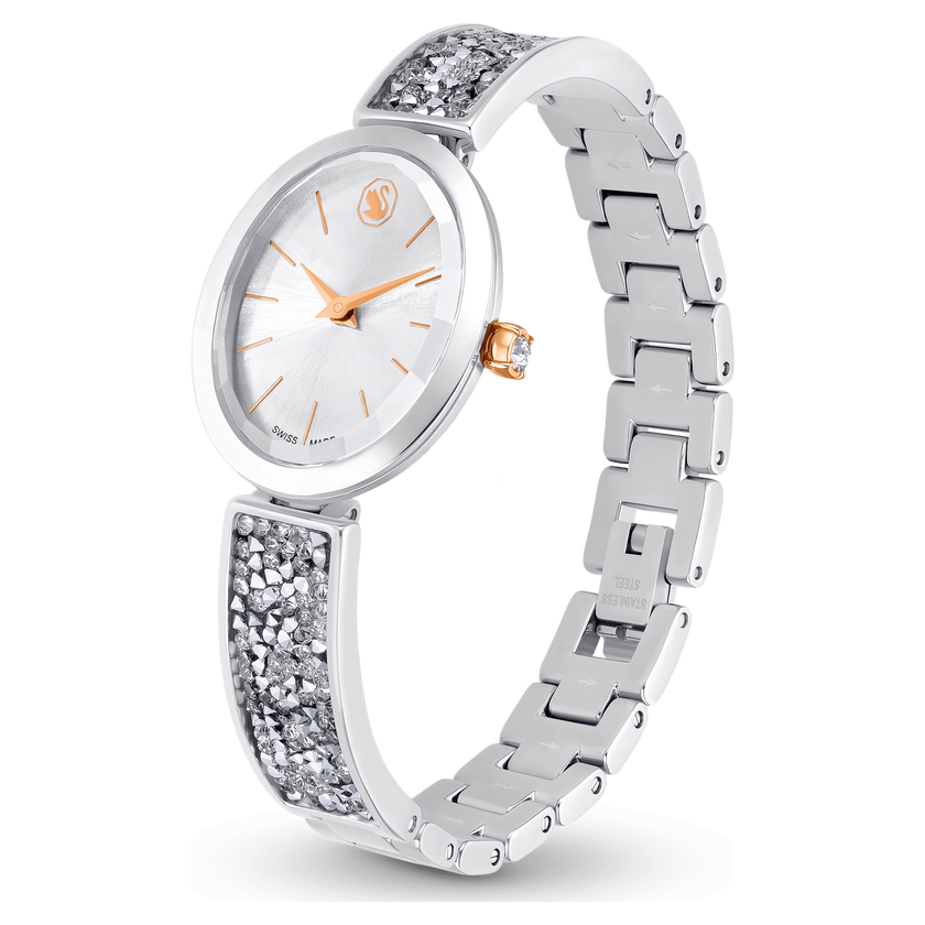 swarovski crystal rock oval watch  swiss made  metal bracelet  white  stainless steel