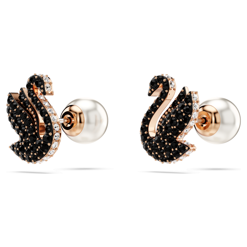 swarovski swan stud earrings  crystal pearl  swan  black  rose gold tone plated