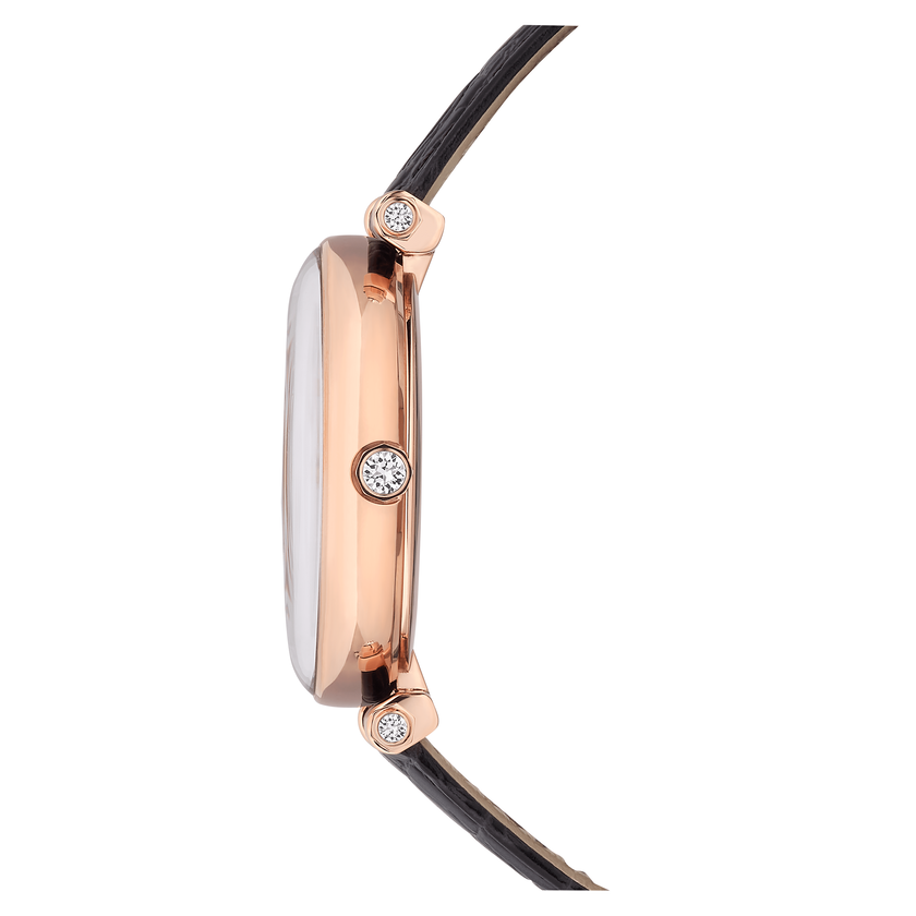swarovski crystalline wonder watch  swiss made  leather strap  black  rose gold tone finish