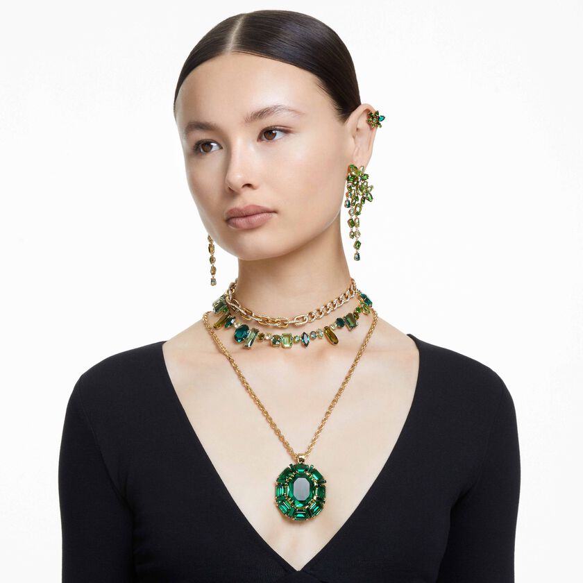 swarovski gema drop earrings  mixed cuts  green  gold tone plated