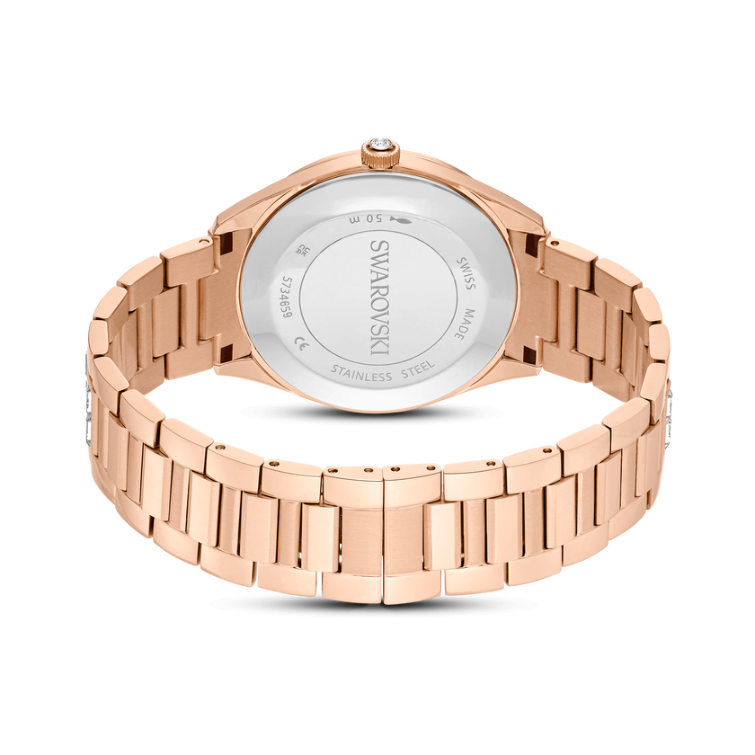 swarovski matrix date watch  swiss made  metal bracelet  rose gold tone  rose gold tone finish