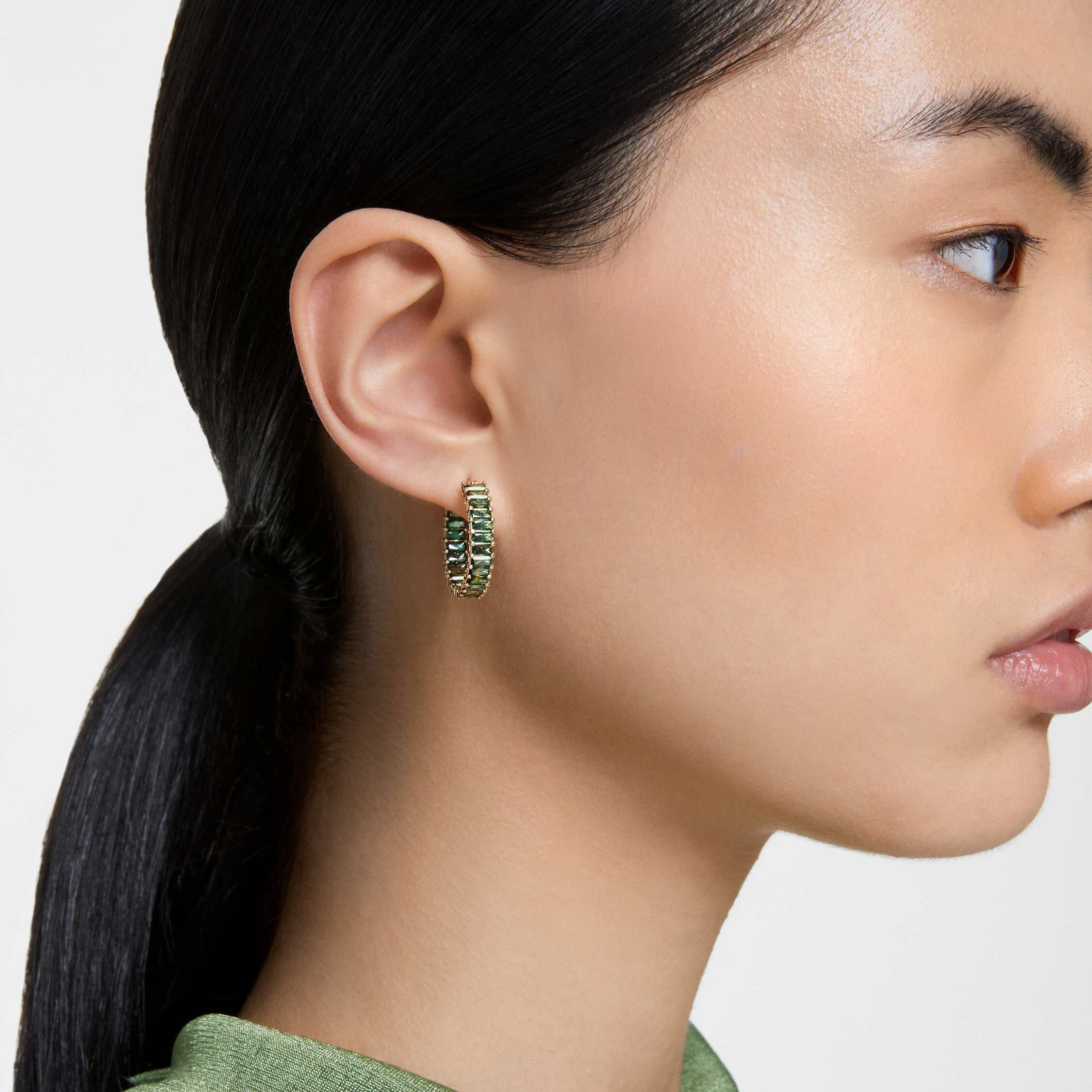 Buy Swarovski Matrix hoop earrings Baguette cut Green Gold tone plated