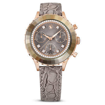 swarovski octea chrono watch swiss made leather strap gray rose gold tone finish