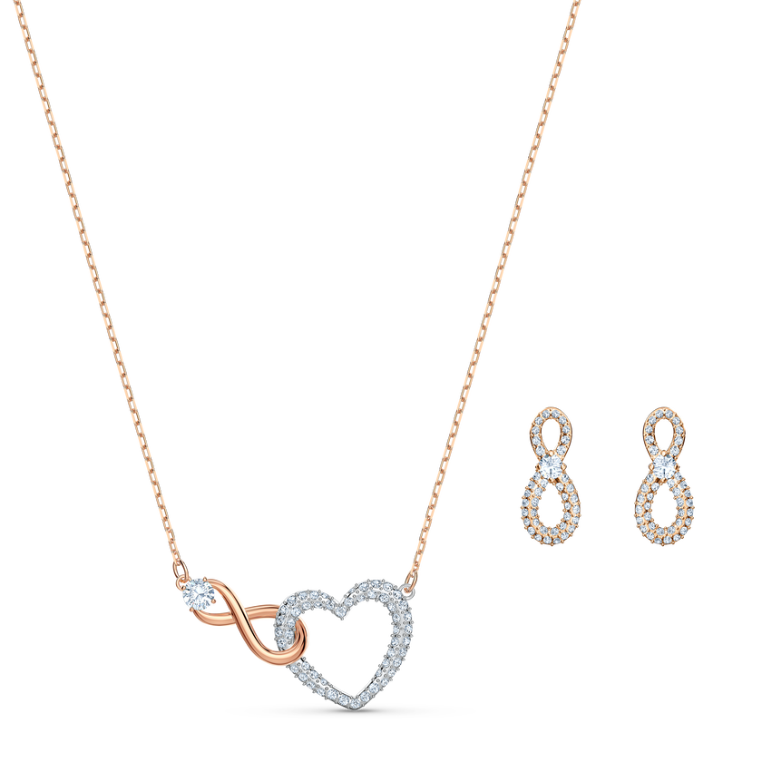 swarovski infinity heart set  white  mixed metal finish