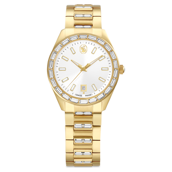swarovski matrix date watch  swiss made  metal bracelet  gold tone  gold tone finish