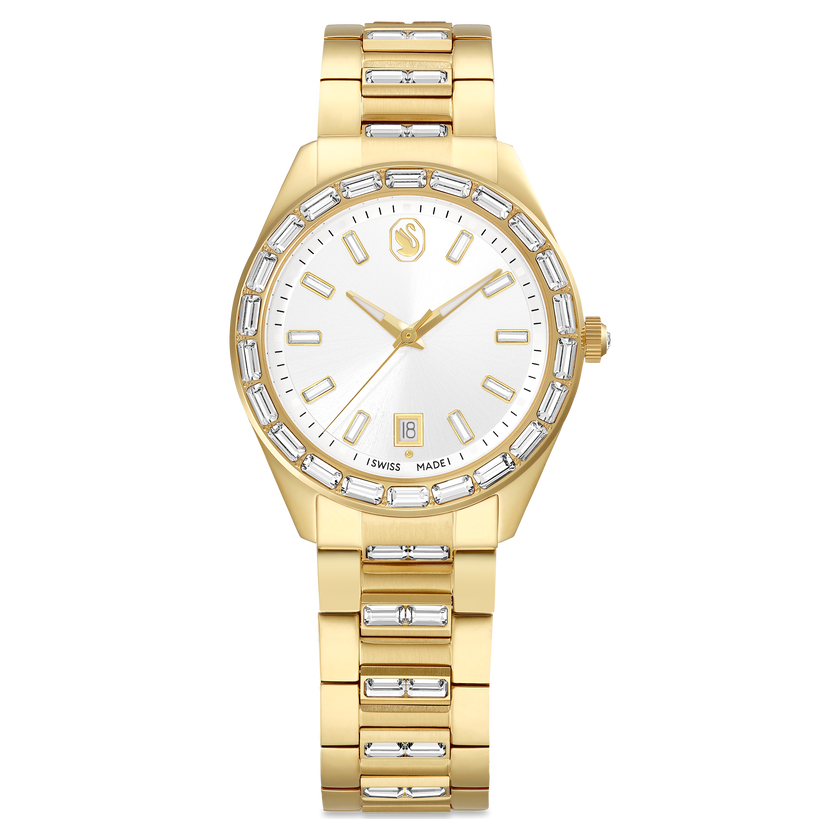 swarovski matrix date watch  swiss made  metal bracelet  gold tone  gold tone finish