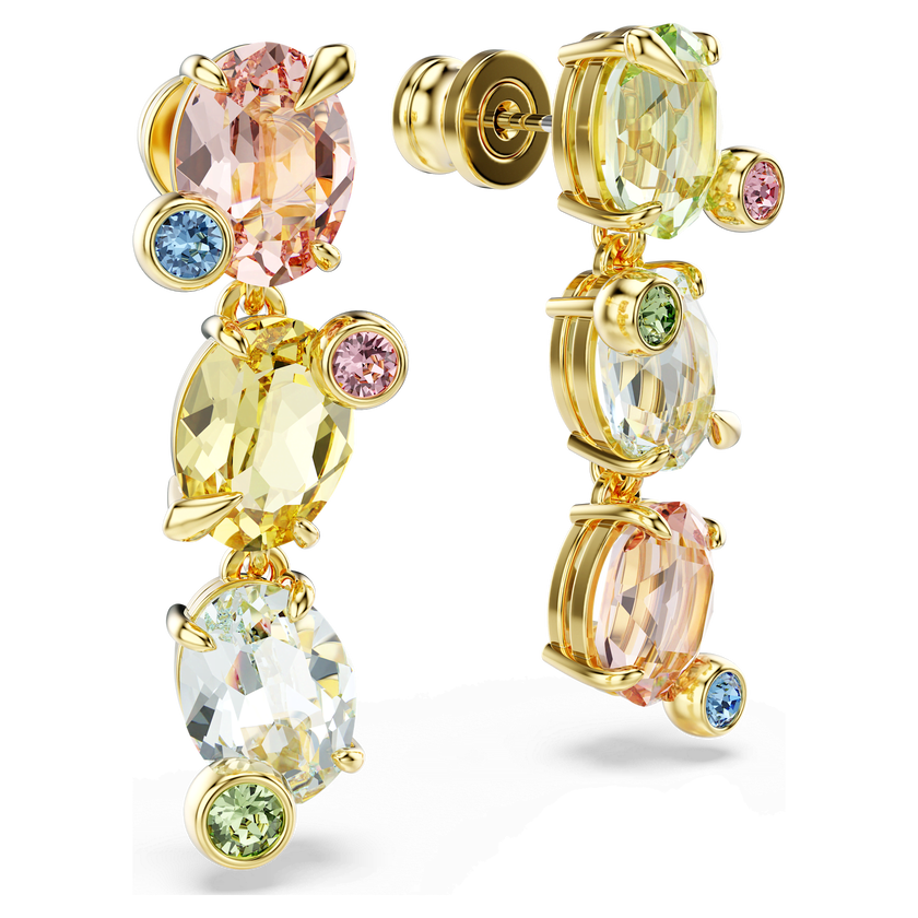 swarovski gema drop earrings  asymmetrical design  mixed cuts  multicolored  gold tone plated