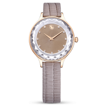 swarovski octea nova watch  swiss made  leather strap  beige  rose gold tone finish