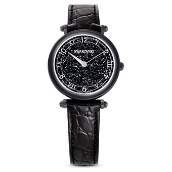 swarovski crystalline wonder watch  swiss made  leather strap  black  black finish