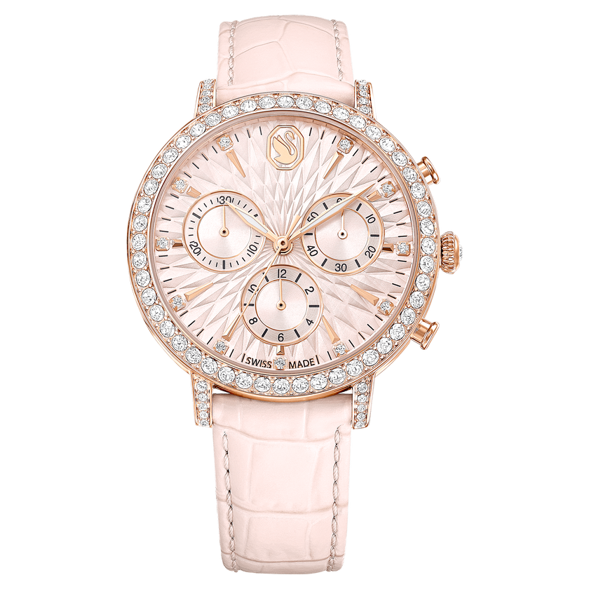 swarovski matrix tennis chrono watch  swiss made  leather strap  pink  rose gold tone finish