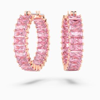Matrix hoop earrings, Baguette cut, Pink, Rose gold-tone plated