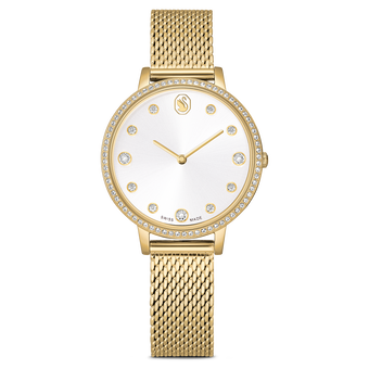 swarovski clarica watch  swiss made  metal bracelet  gold tone  gold tone finish