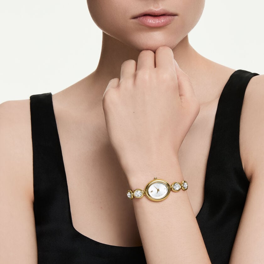 swarovski imber oval watch  swiss made  metal bracelet  gold tone  gold tone finish