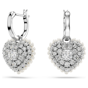 swarovski hyperbola drop earrings  crystal pearl  heart  white  rhodium plated